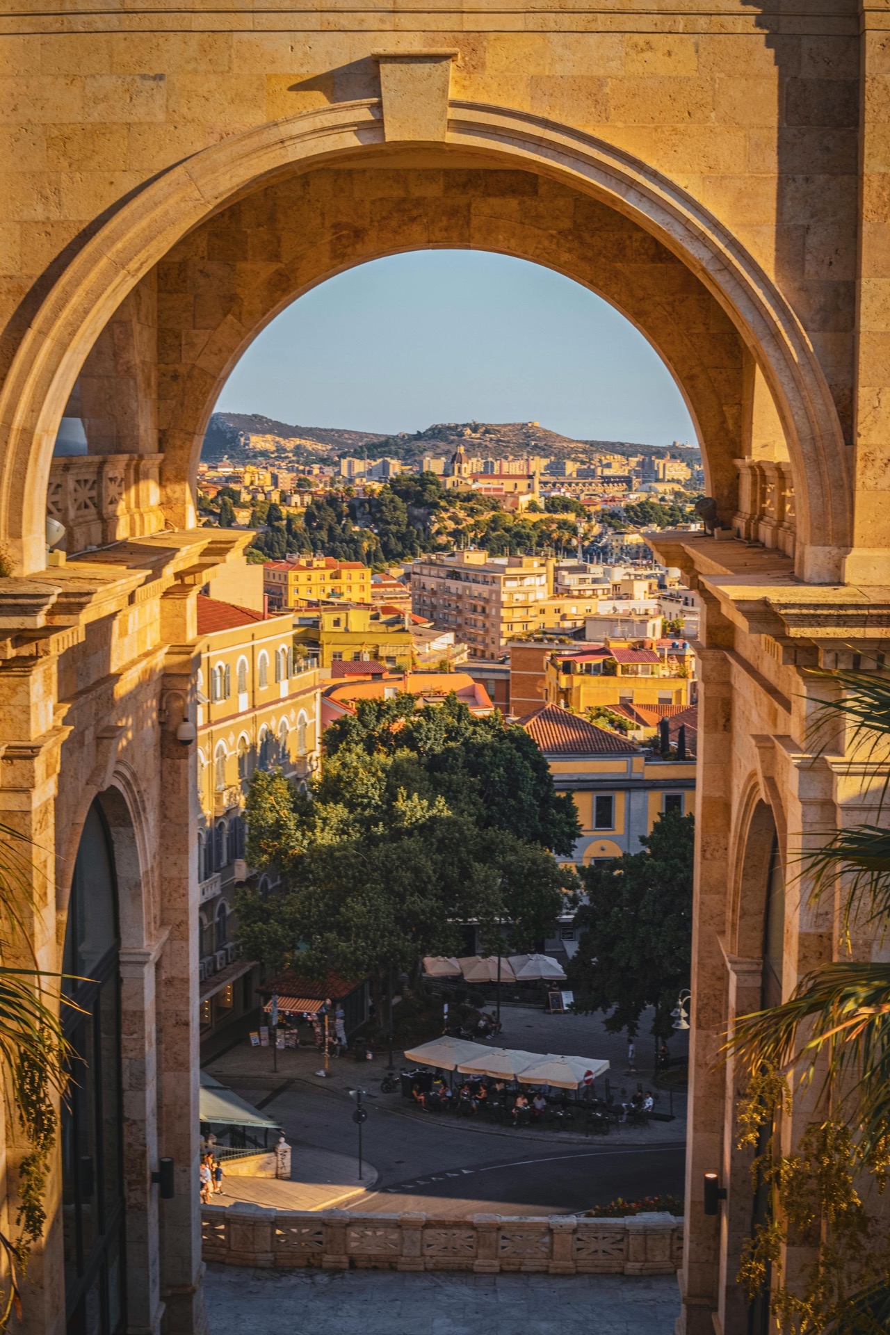 Saint Remy Bastion with white arch and view over Cagliari
