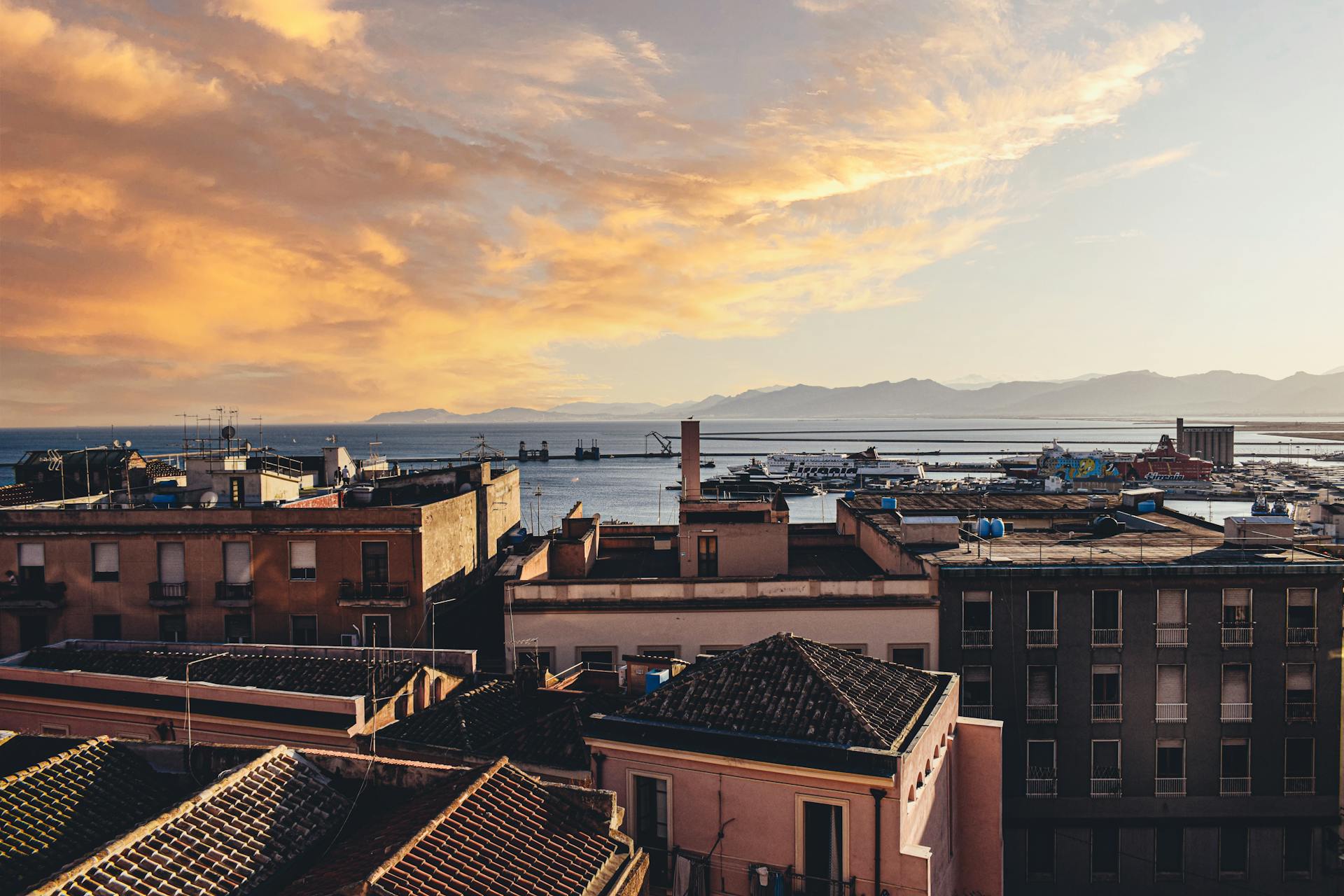 Cagliari at sunset with the bay on the Mediterranean